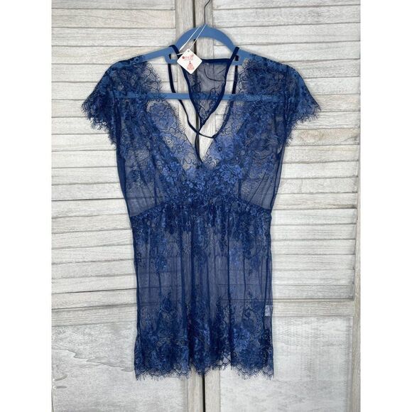 NEW KISS ME ANGEL Lingerie Blue Lace-Trim Flutter-Sleeve Babydoll & G-String MED - Picture 6 of 9